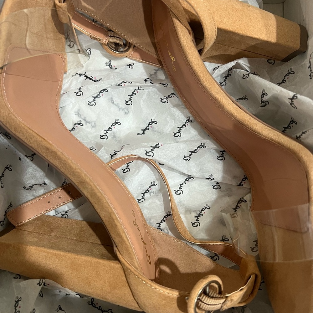 Women's Tan Block Heel Sandals with Clear Straps